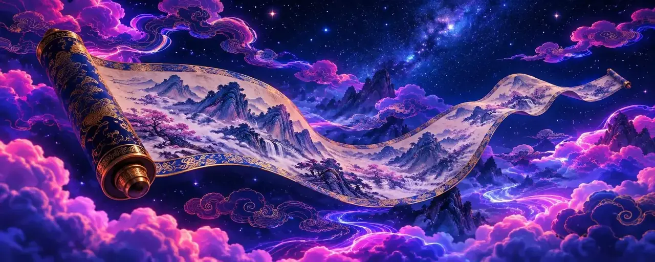 国风卷轴风格的午夜蓝星空背景